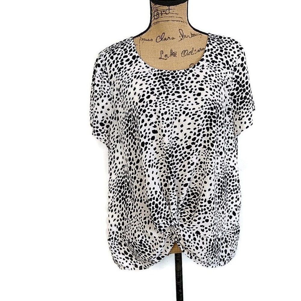 Adrianna Papell Womens sz XL Top White Black Print Knot Front Short Slv Keyhole